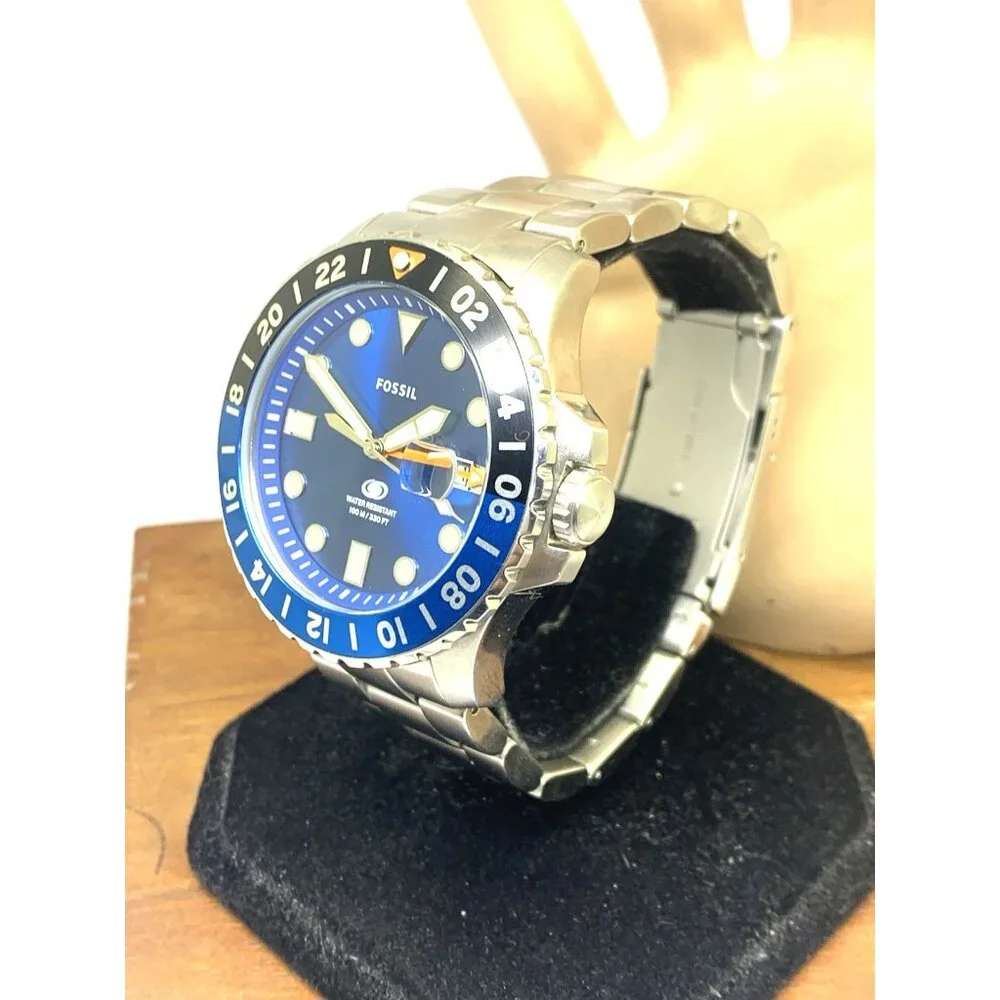 Fossil Men's Watch FS5991 GMT Quartz Blue Dial Silver Stainless Steel 46mm